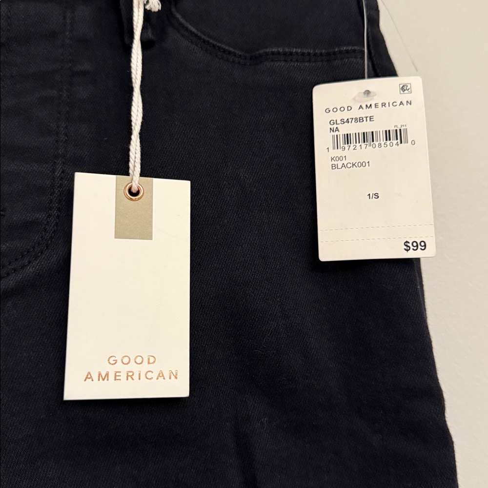 NWT Good American Good Legs Straight Jeans Small Black Mid Rise Tummy Tech 1 - Picture 4 of 9